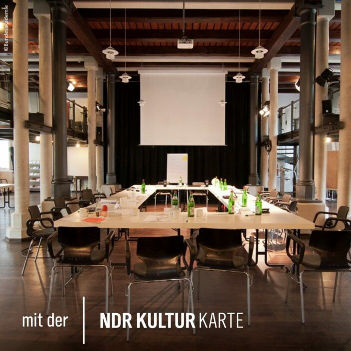 Ansicht eines Konferenzraums, über den Konferenztisch hinweg Richtung Leinwand. Schrift: "Mit der NDR Kultur Karte"